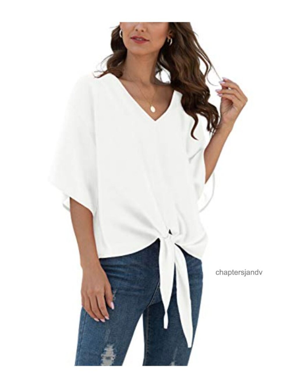 Chiffon Blouse V Neck Batwing Sleeve Tie Front Summer Top